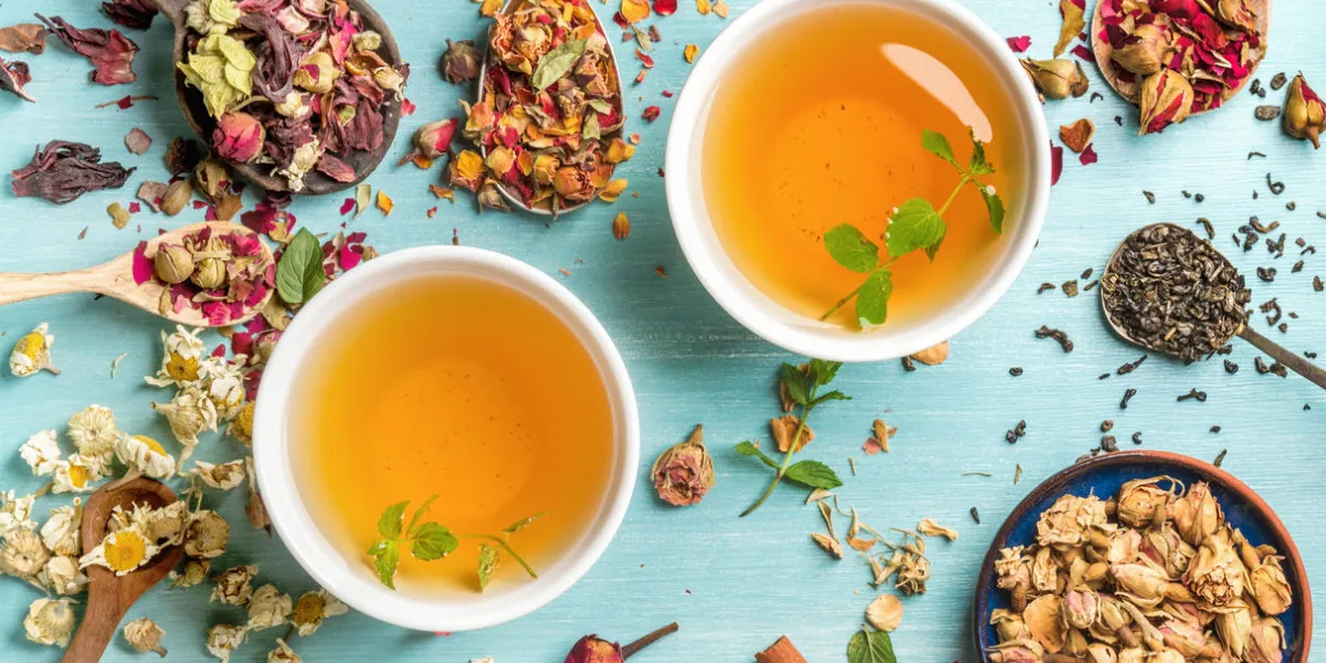 deux tasses de tisane saine à la menthe, la cannelle, la rose séchée et la camomille fleurs en cuillères sur fond bleu, vue de dessus