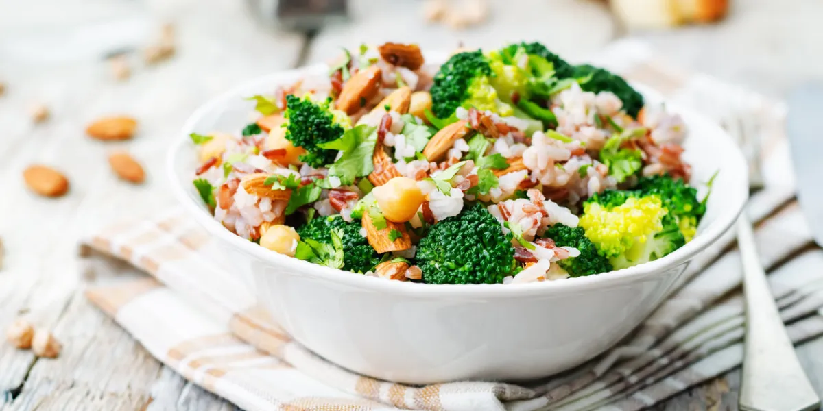 broccoli chickpea cilantro almond white and red rice toning selective focus broccoli chickpea cilantro almond white and red rice toning selective focus