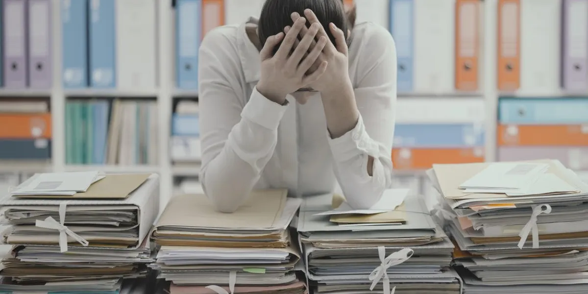 frustrated you office worker leaning on piles of paperwork, she is overloaded with work and stressed