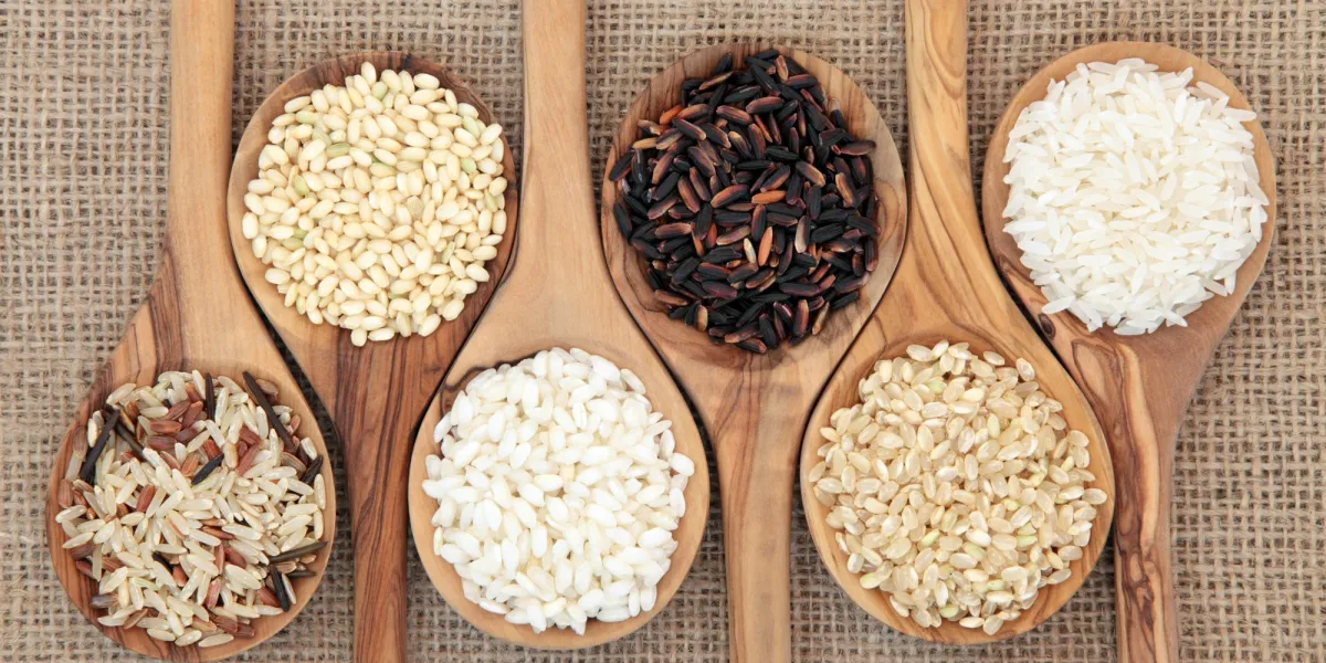 variétés de riz en cuillères de bois d'olivier sur fond de jute riz sauvage, doux, risotto, américain, brun et blanc de gauche à droite