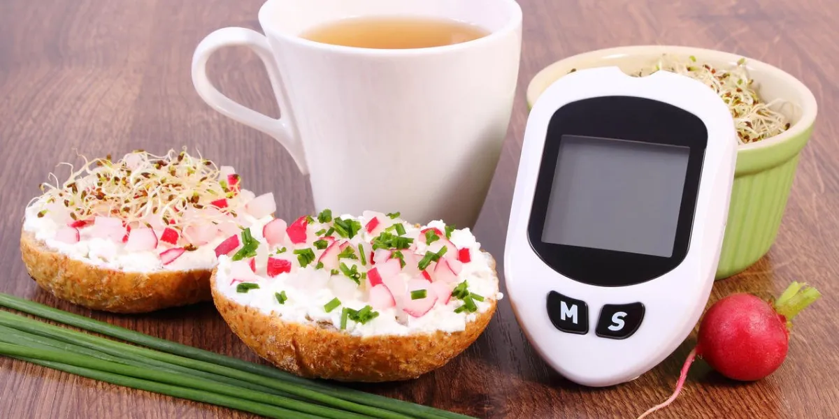 glucose meter for checking sugar level, freshly vegetarian sandwich with cottage cheese, vegetables and alfalfa sprouts, healthy food glucose meter for checking sugar level, freshly vegetarian sandwich with cottage cheese, vegetables and alfalfa sprouts, healthy food