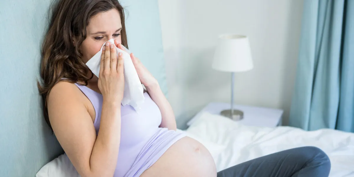 pregnant woman blowing her nose lying on her bed pregnant woman blowing her nose lying on her bed