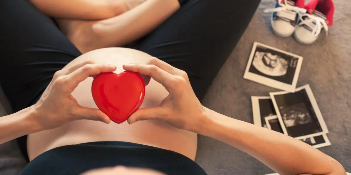 pregnant mother sitting on a couch holding heart up next to her stomach pregnant mother sitting on a couch holding heart up next to her stomach