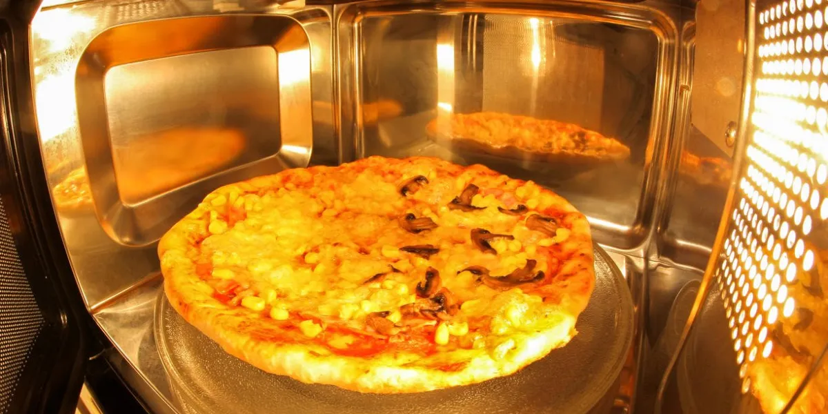 pizza inside microwave with fisheye lens