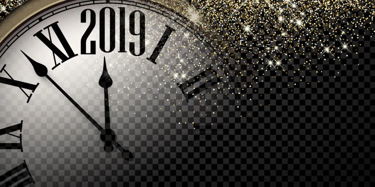 black and gold shiny 2019 new year transparent background with blurred round clock vector illustration