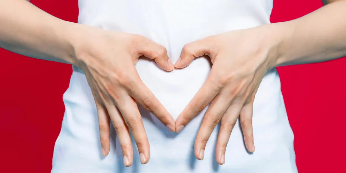 young woman who makes a heart shape by hands on her stomach young woman who makes a heart shape by hands on her stomach