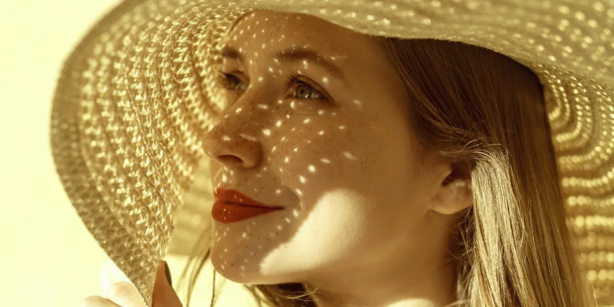 lady in straw hat in summer closeup, portrait of a beautiful and happy freckled woman indoor, studio shot yellow background lady in straw hat in summer closeup, portrait of a beautiful and happy freckled woman indoor, studio shot yellow background