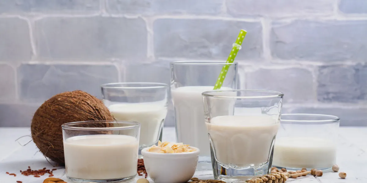 assortment of non dairy vegan milk and ingredients on white wooden background healthy drinks concept copy space