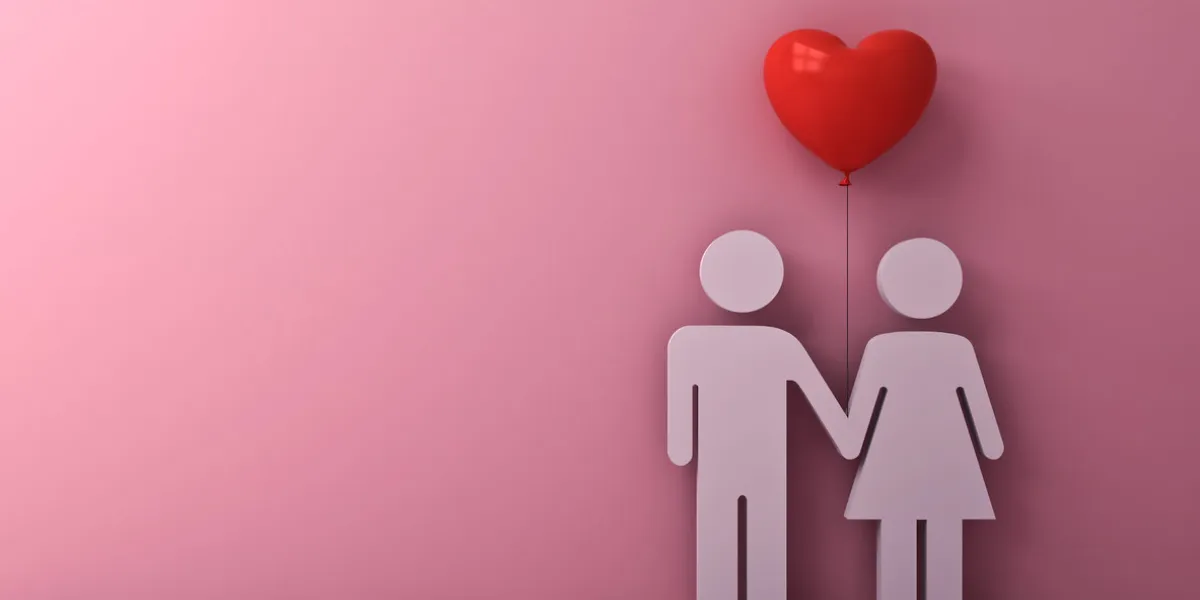 love couple holding hand with red heart balloon on light pink pastel color background with shadow and reflections love couple concept for valentine's day 3d rendering