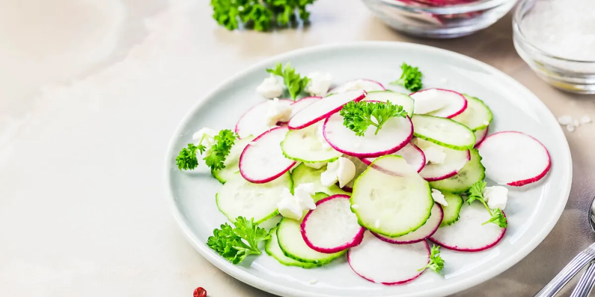 summer vegetarian radish, cucumber goat cheese salad selective focus, space for text