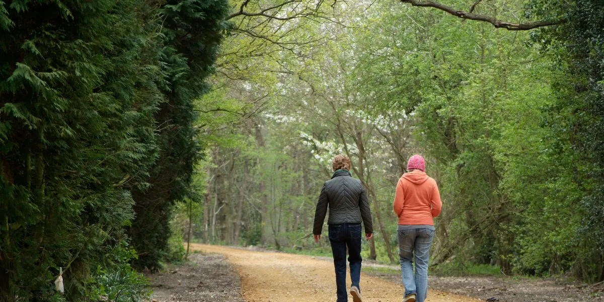 women walking in woodland women walking in woodland