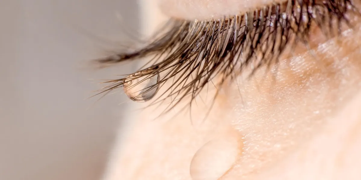 a tear on eyelashes and cheek a tear on eyelashes and cheek