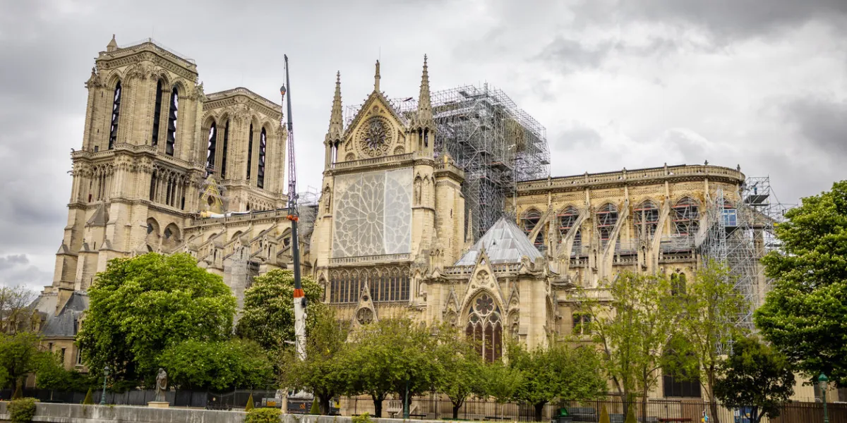 paris, france - april 24, 2019  notre dame de paris after fire reinforcement work in progress after the fire, to prevent the cathedral to collapse in paris, france