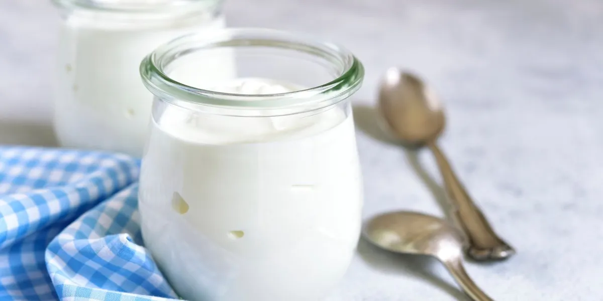two portions of fresh natural homemade organic yogurt in a glass jar on a light slate background