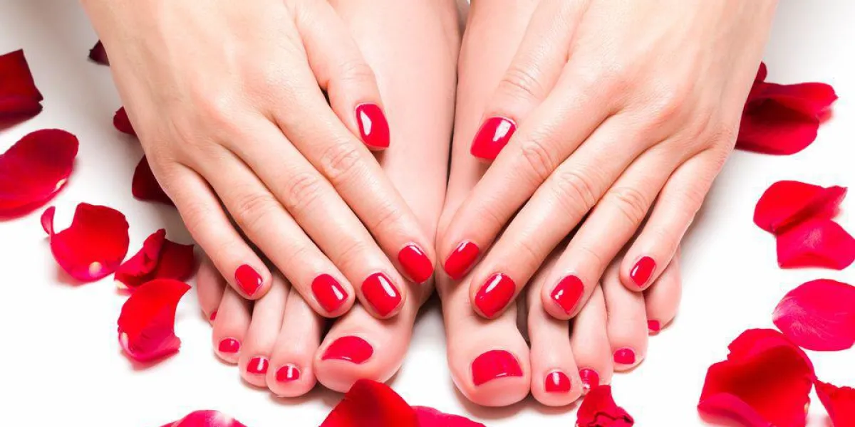 pieds et mains entourés de pétales de rose