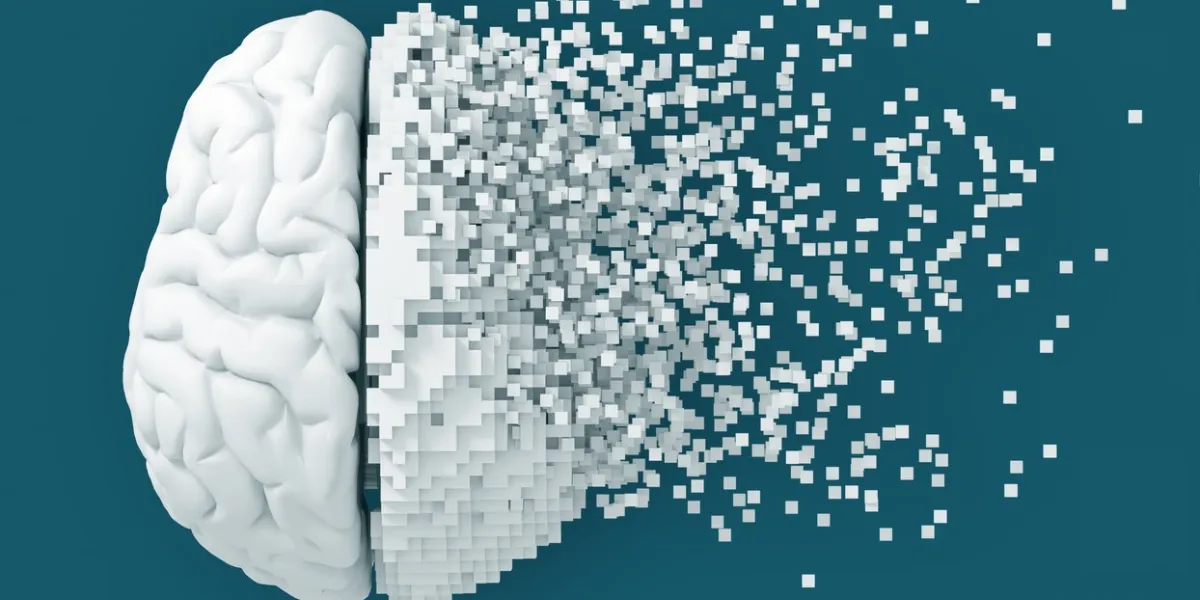 desintegration of digital brain on blue background 3d illustration