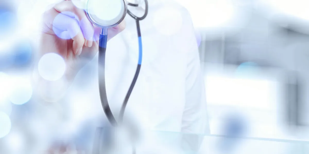 double exposure of success smart medical doctor working with abstract blurry bokeh background as concept