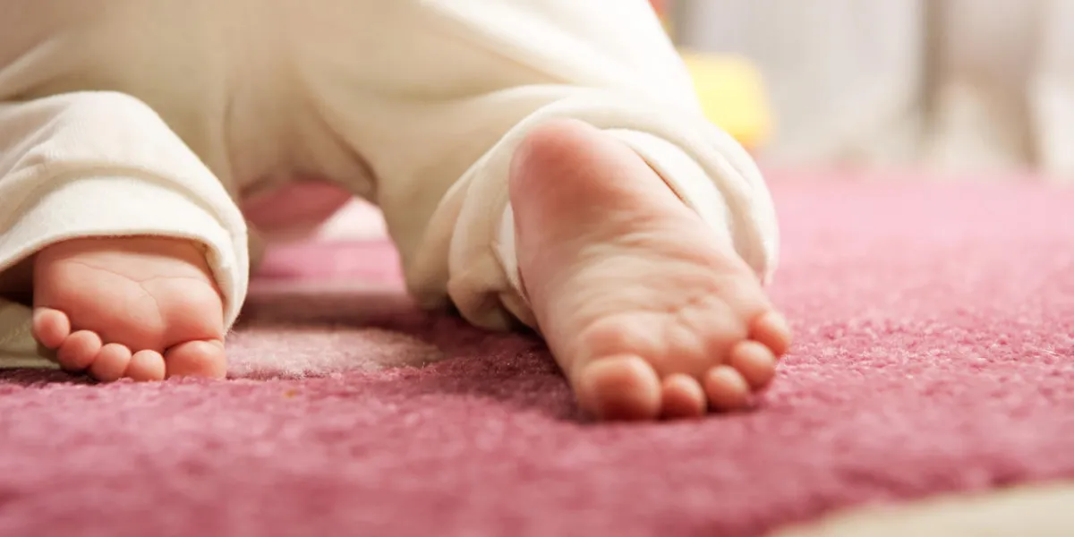 little baby crawling on the pink carpet rear view little baby crawling on the pink carpet rear view