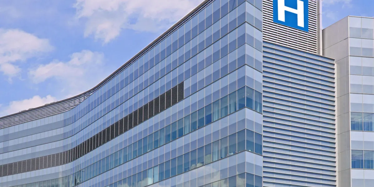 building with large h sign for hospital building with large h sign for hospital