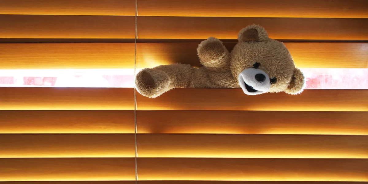 ours en peluche se faufiler dans la maison à travers des stores ours en peluche se faufiler dans la maison à travers des stores