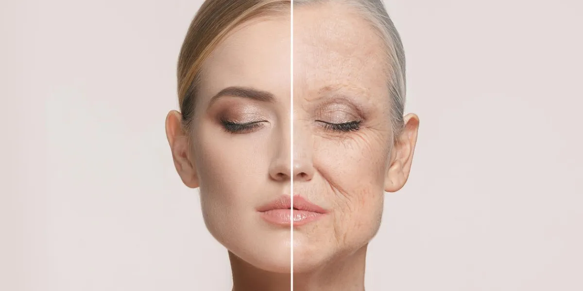 comparison portrait of beautiful woman with problem and clean skin, aging and youth concept, beauty treatment and lifting before and after concept youth, old age process of aging and rejuvenation