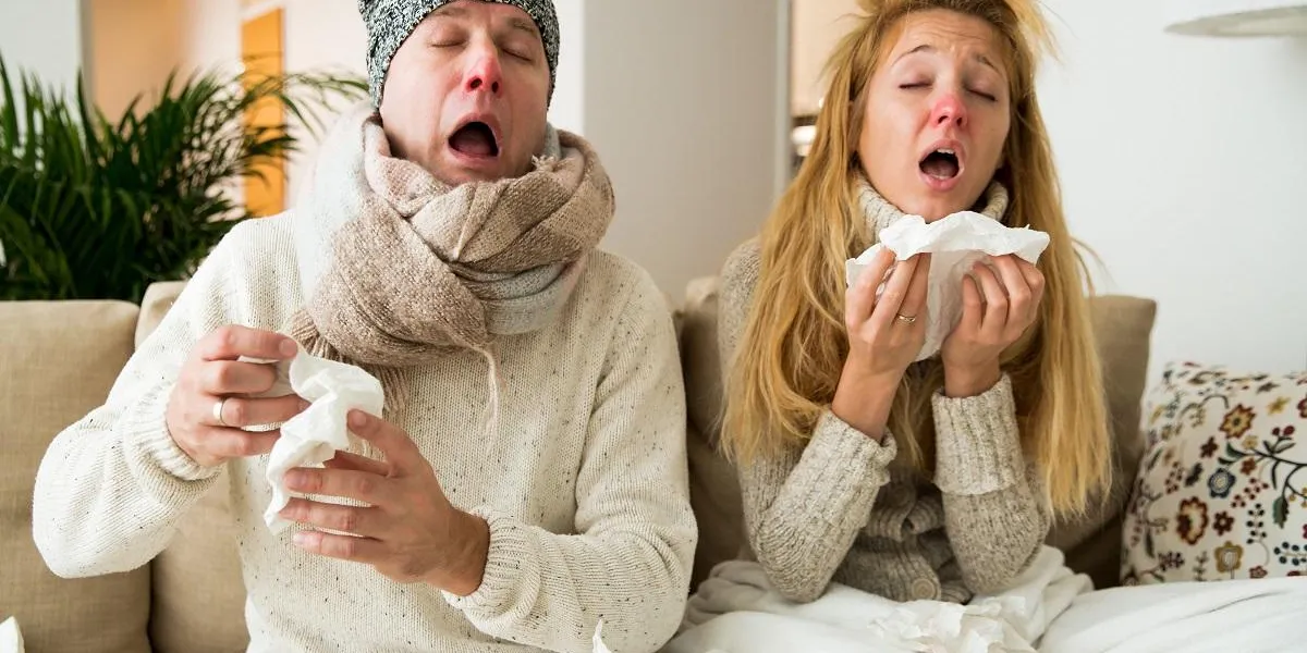 sick couple catch cold man and woman sneezing, coughing, got flu, having runny nose