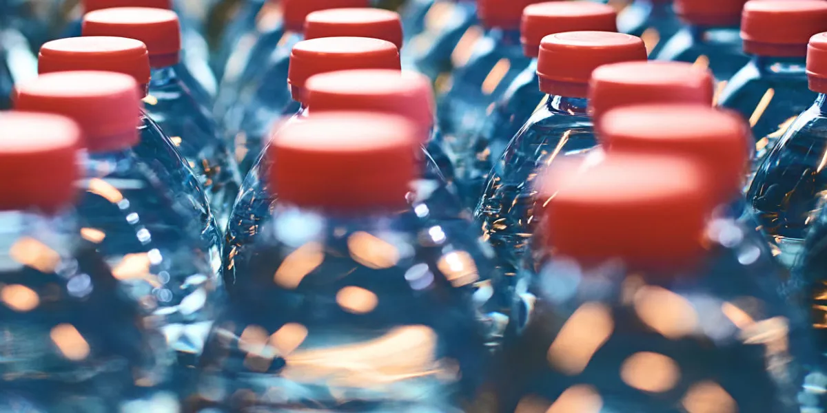 plastic bottles with red caps with bokeh effect