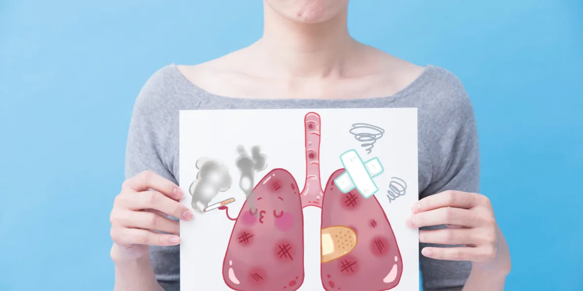 woman take unhealth lung billboard on the blue background woman take unhealth lung billboard on the blue background