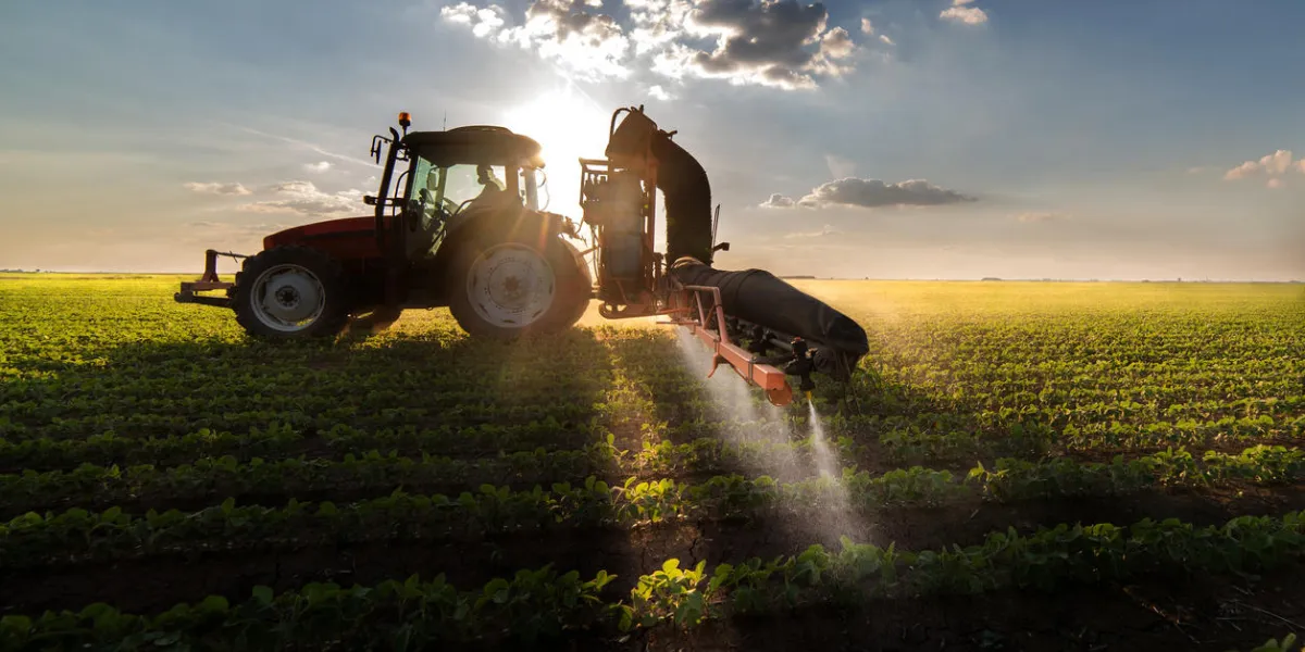 tractor spraying pesticides on soybean field with sprayer at spring tractor spraying pesticides on soybean field with sprayer at spring