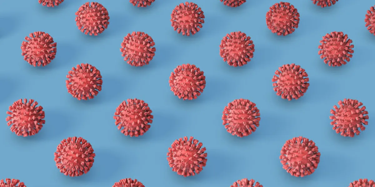 coronavirus pattern 3d rendering illustration showing red coronavirus pattern on a blue background