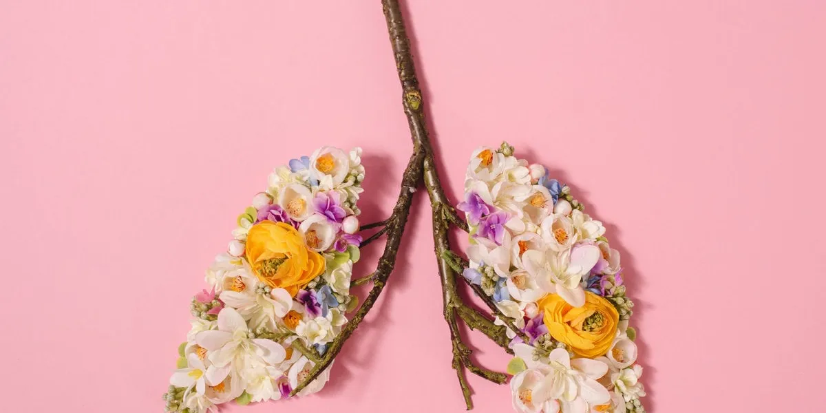 top view of floral composition with blooming flowers and twigs in shape of lungs on pink