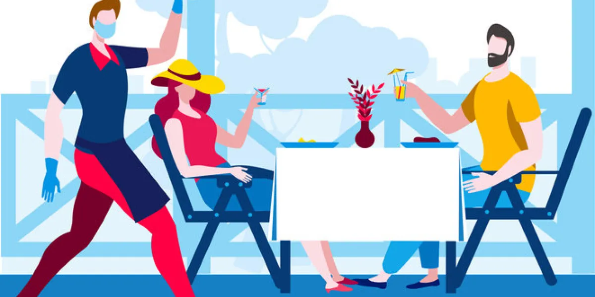 a woman and a man sit on a summer terrace in a cafe and are served by a waiter in a mask and gloves vector illustration in flat style on the theme of catering during the coronovirus epidemic a woman and a man sit on a summer terrace in a cafe and are served by a waiter in a mask and gloves vector illustration in flat style on the theme of catering during the coronovirus epidemic