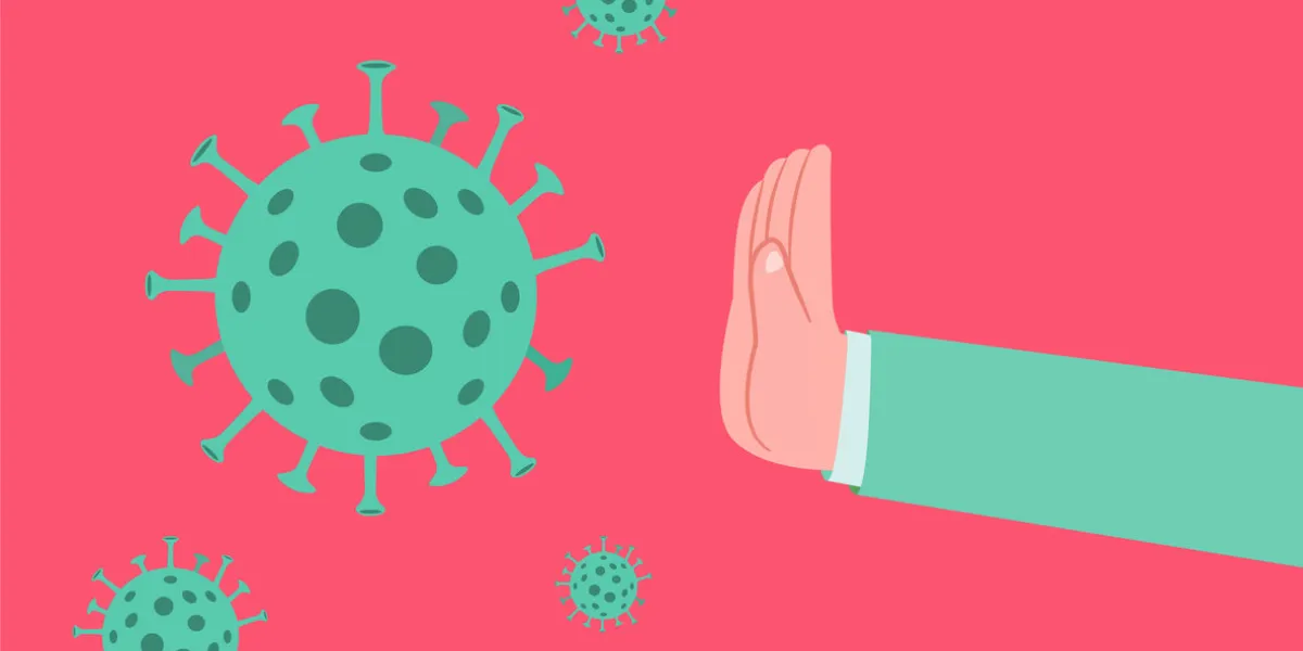 coronavirus blocked with one hand with a rejection gestureconcept of corona virus preventionvector flat illustration coronavirus blocked with one hand with a rejection gestureconcept of corona virus preventionvector flat illustration