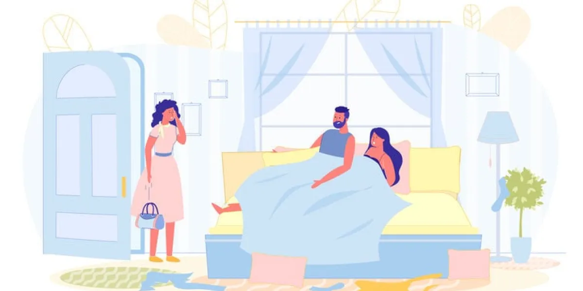 love triangle, wife catches husband with another man lies in bed with woman, his wife stands in doorway, holding his head family tragedy, betrayal life partner vector illustration love triangle, wife catches husband with another man lies in bed with woman, his wife stands in doorway, holding his head family tragedy, betrayal life partner vector illustration