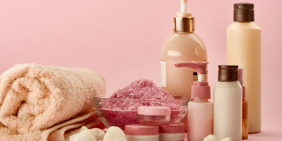 skin care products on pink background, nobody healthcare procedures concept, hygiene cosmetic, healthy lifestyle, spa and bath