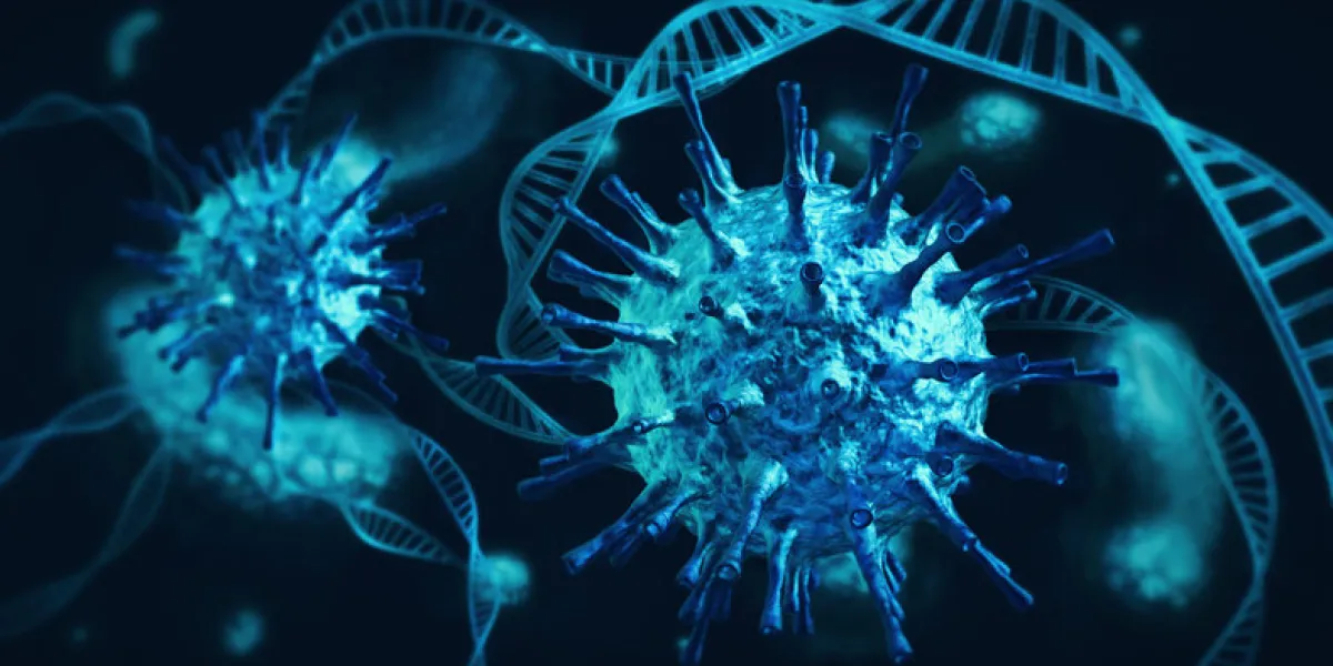 ominous blue coronavirus cells intertwined with dna and white blood cells on dark
