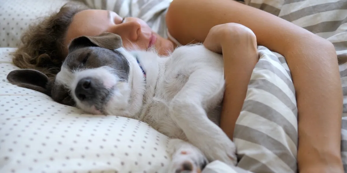girl and her pet dog hugging in the bed