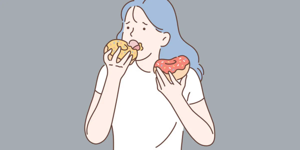 healthy diet or junk food concept portrait of young depressed girl eating donuts vector flat design healthy diet or junk food concept portrait of young depressed girl eating donuts vector flat design