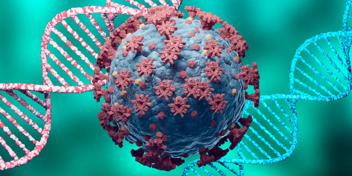 coronavirus and dna, virus mutation new variant and strain of sars cov 2 microscopic view 3d rendering