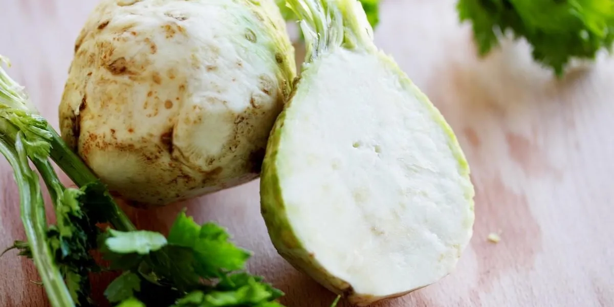 large tubers fresh celery on a wooden board