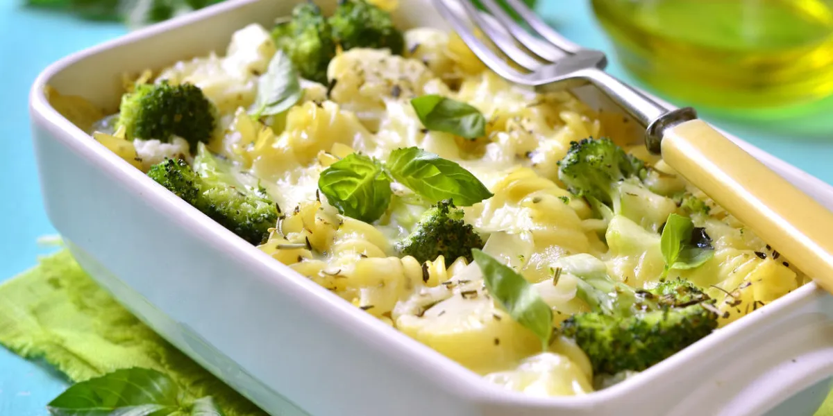 pasta casserole with broccoli,cauliflower and cheese baked in bechamel sauce