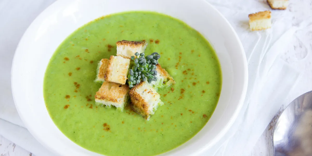 soupe de brocoli épicée maison avec des croûtons dans un bol blanc - nourriture végétarienne verte saine soupe de brocoli épicée maison avec des croûtons dans un bol blanc - nourriture végétarienne verte saine