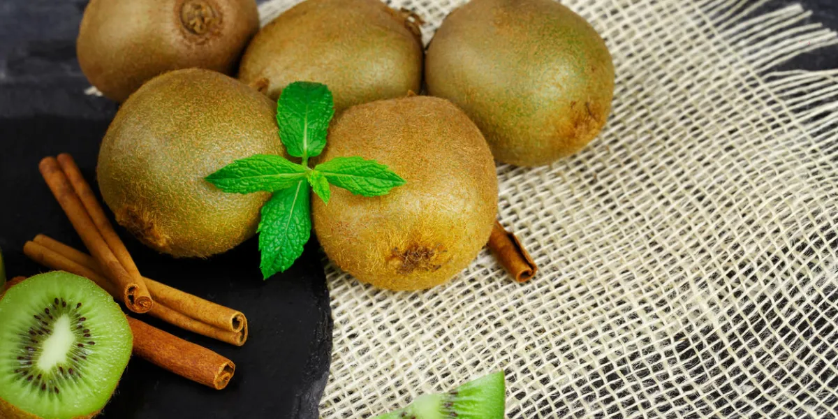 close-up of a group of five kiwis on a white fabric exotic refreshing fruits with peppermint and cinnamon on a black background healthful fruits and herbs ingredients