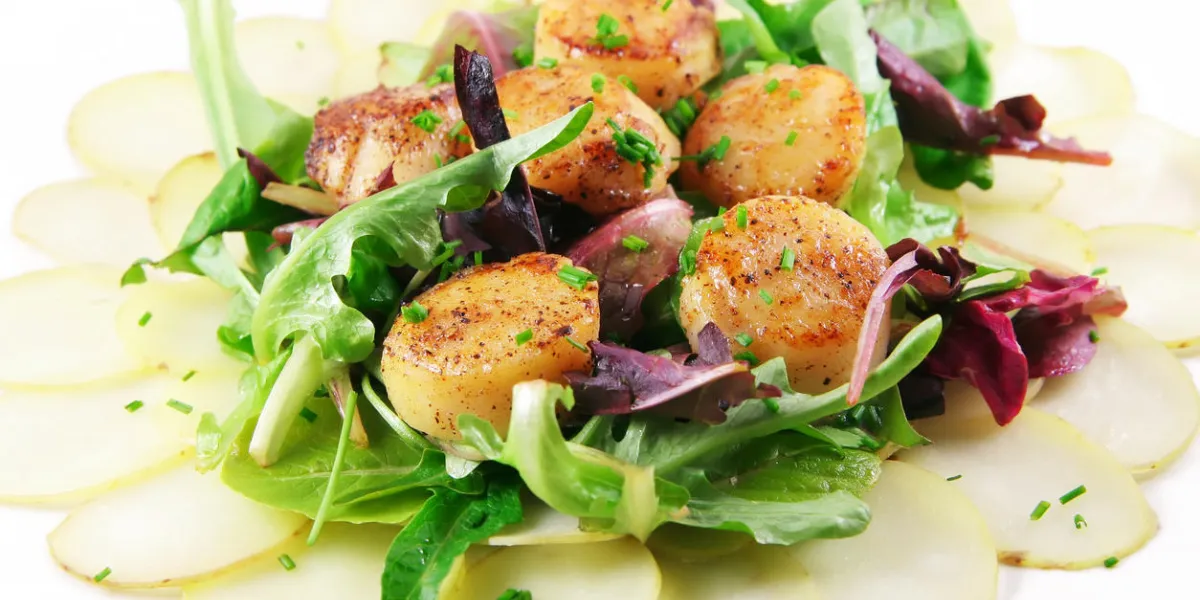 pétoncles poêlés sur un lit de salade verte au sommet de pommes de terre tranchées pétoncles poêlés sur un lit de salade verte au sommet de pommes de terre tranchées